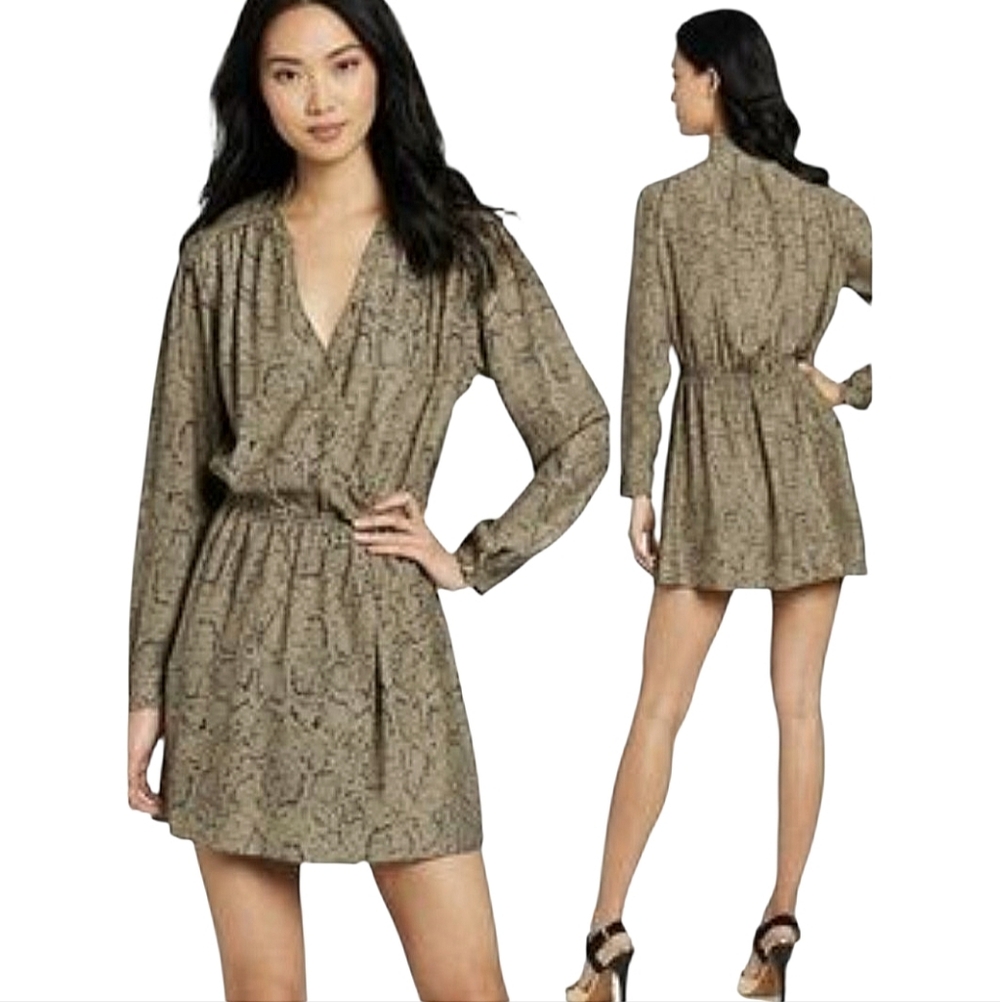 Parker Silk Faux Wrap Snake Print Mini Dress Sz Small Olive Green